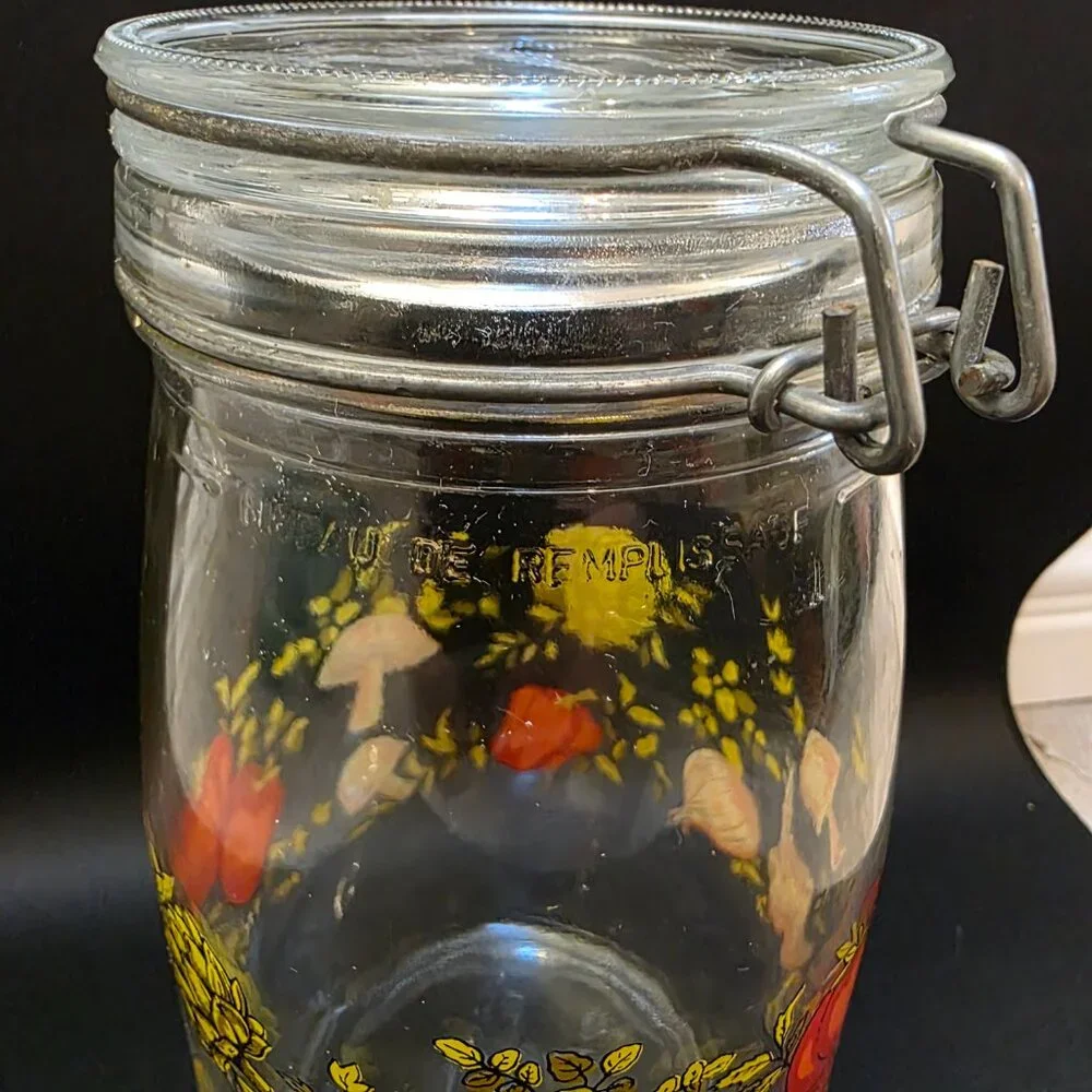 Vintage Spice Of Life Arc France Clear Glass Storage Jar Mushrooms Tomatoes 1.5L